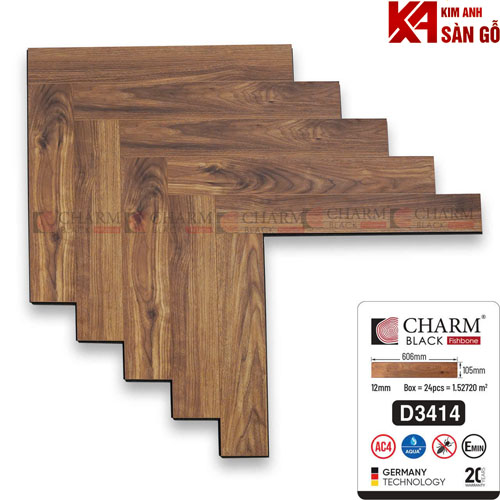 Sàn Gỗ Xương Cá 12mm Charm Cốt Đen D3414
